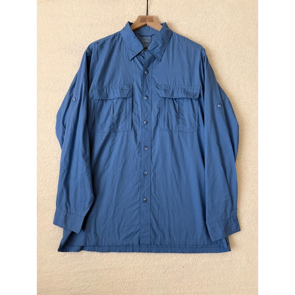 L.L. Bean Shirt Mens Large Blue Insect Shield Long Sleeve Button Up Fishing